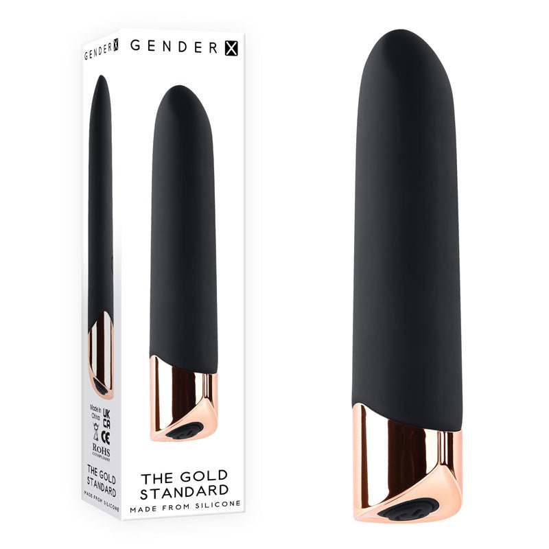 Gender X THE GOLD STANDARD - Black/Rose Gold 10 cm USB Rechargeable Bullet - Silk and Sin
