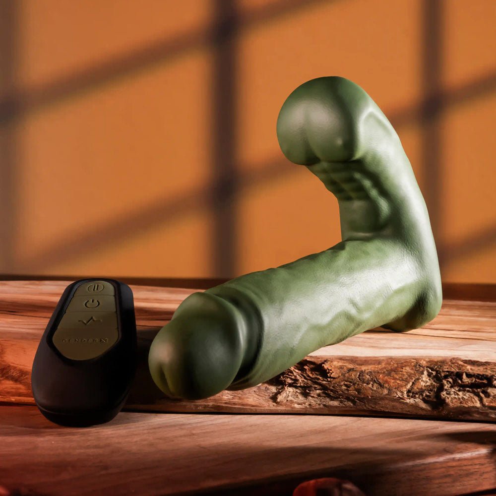 Gender X THE HUNK - Green 15.2 cm USB Rechargeable Thrusting Vibrator with Remote - Silk and Sin