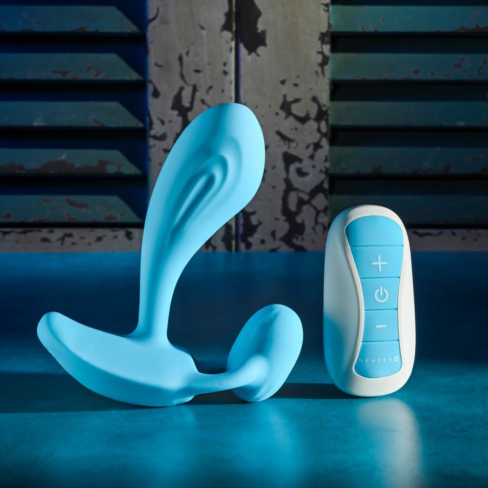Gender X WEAR ME OUT - Blue 11.1 cm USB Rechargeable Wearable Vibrator with Wireless Remote - Silk and Sin