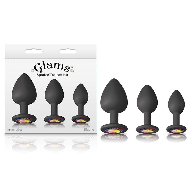 Glams Spades Trainer Kit - Black Butt Plugs with Gems - Set of 3 Sizes - Silk and Sin