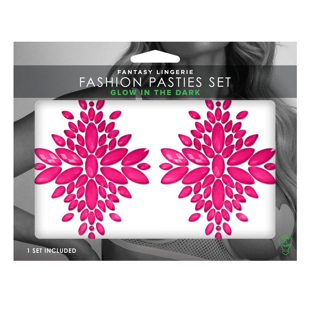 GLOW Fashion Pasties Set - Glow Pink Crystals - Silk and Sin