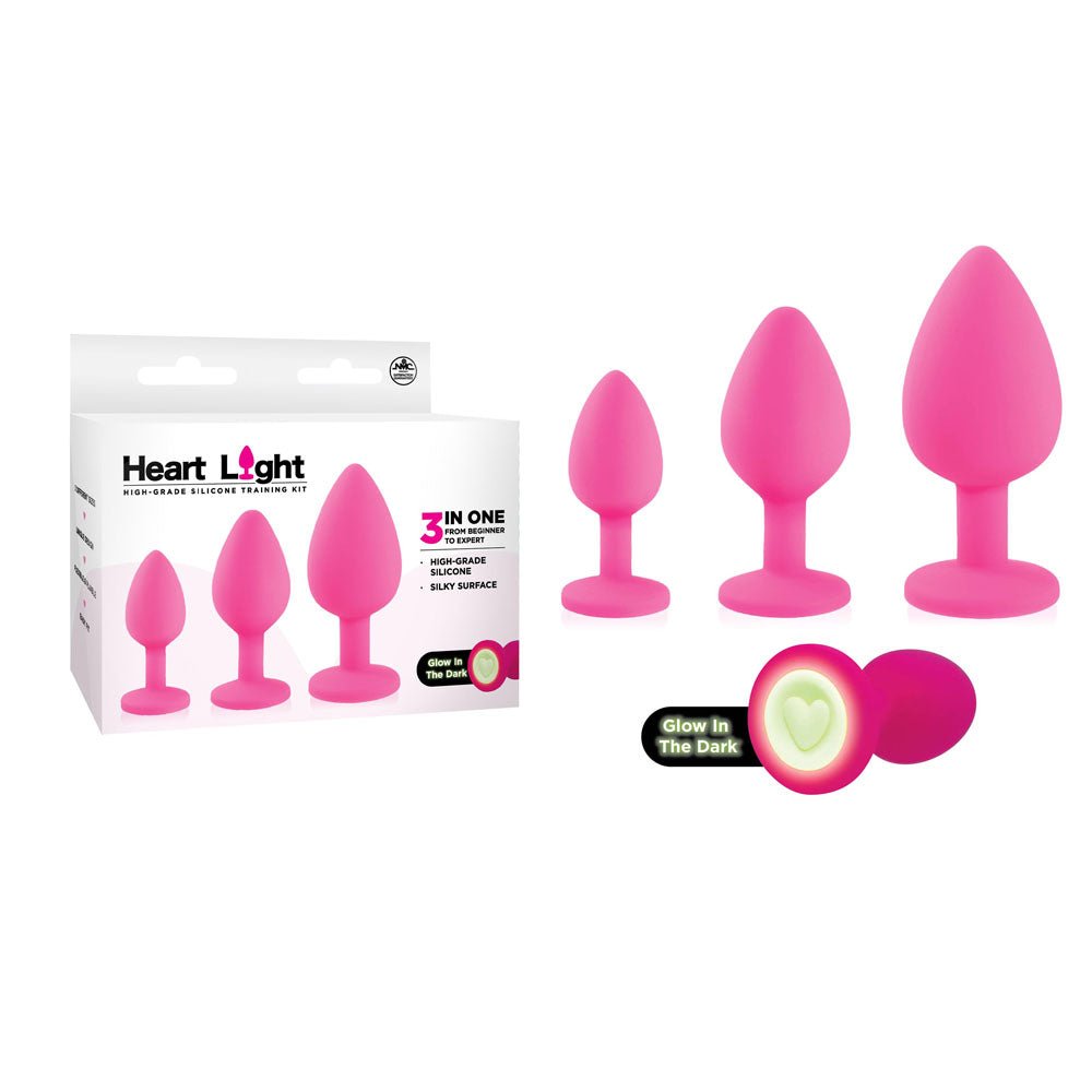 Heart Light - Pink - Pink Butt Plugs with Glow in Dark Bases - Set of 3 Sizes - Silk and Sin