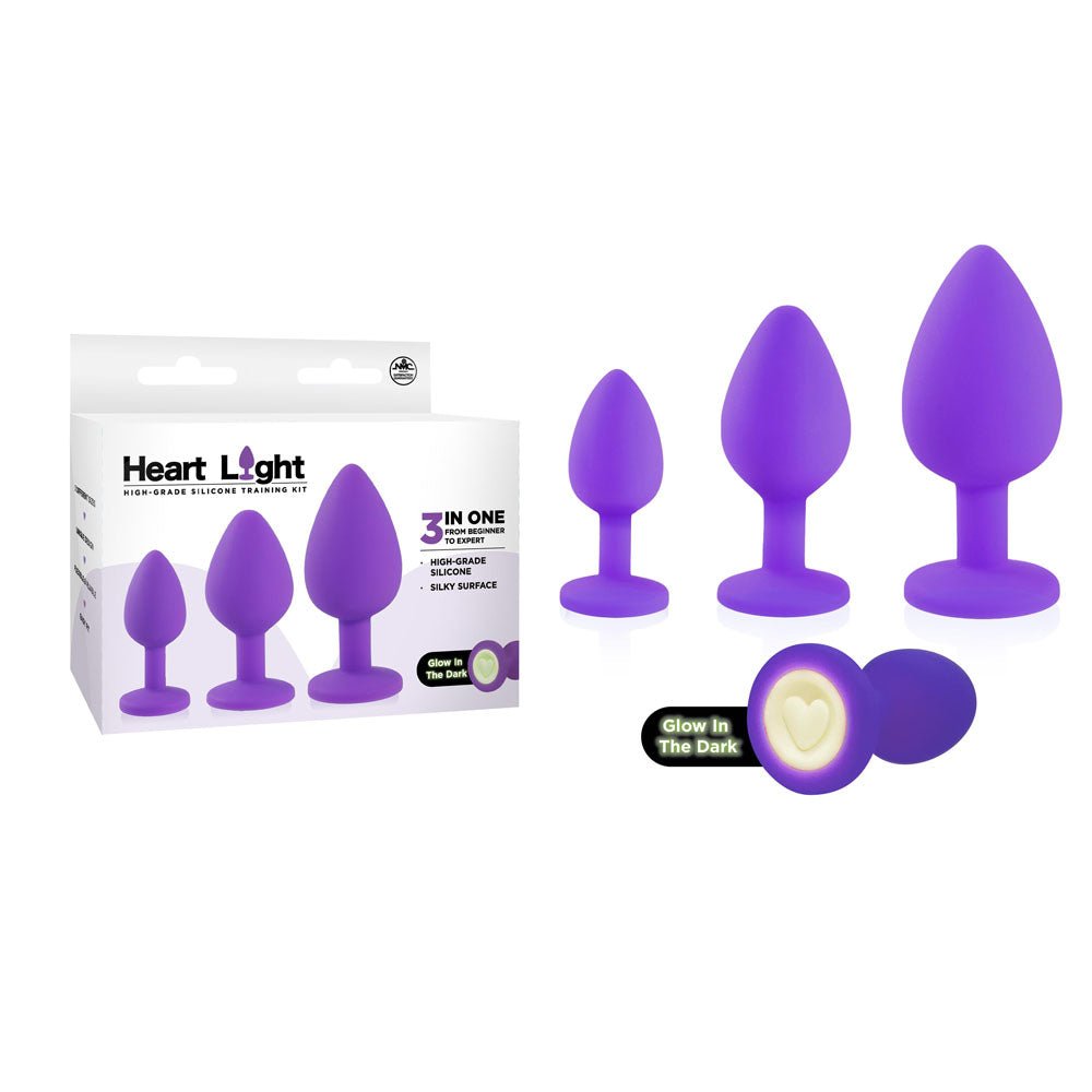 Heart Light - Purple - Purple Butt Plugs with Glow in Dark Bases - Set of 3 Sizes - Silk and Sin