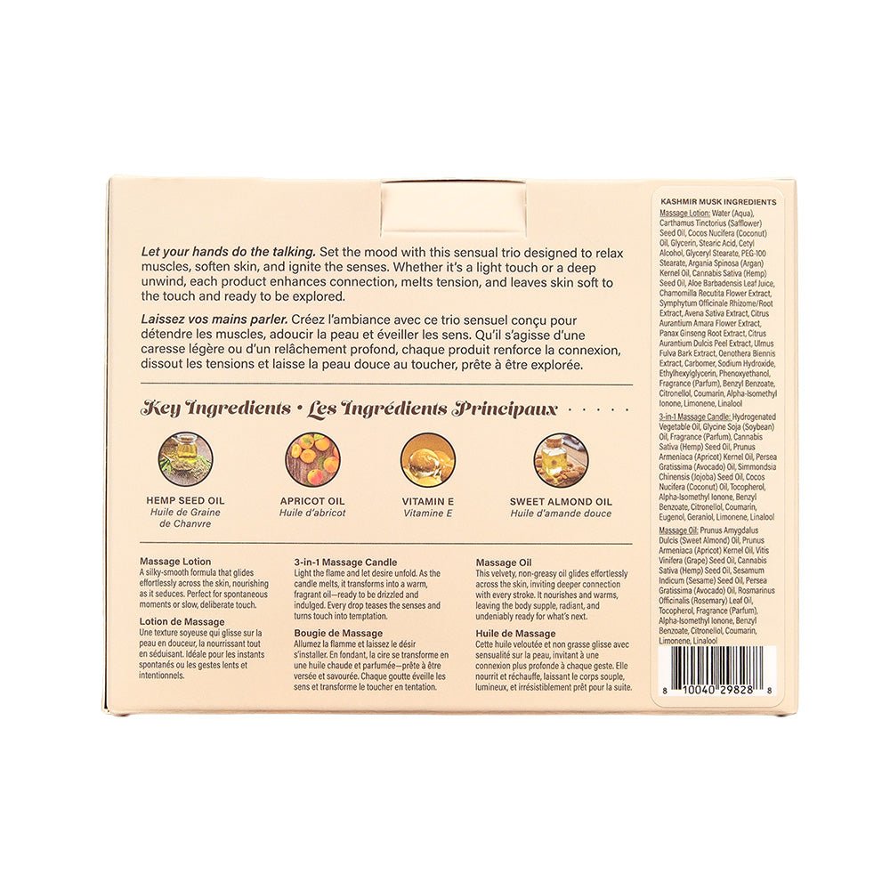 Hemp Seed Tranquility Trio - Kashmir Musk - Kashmir Musk Scented Massage & Caress Kit - 3 Piece Kit - silkandsin