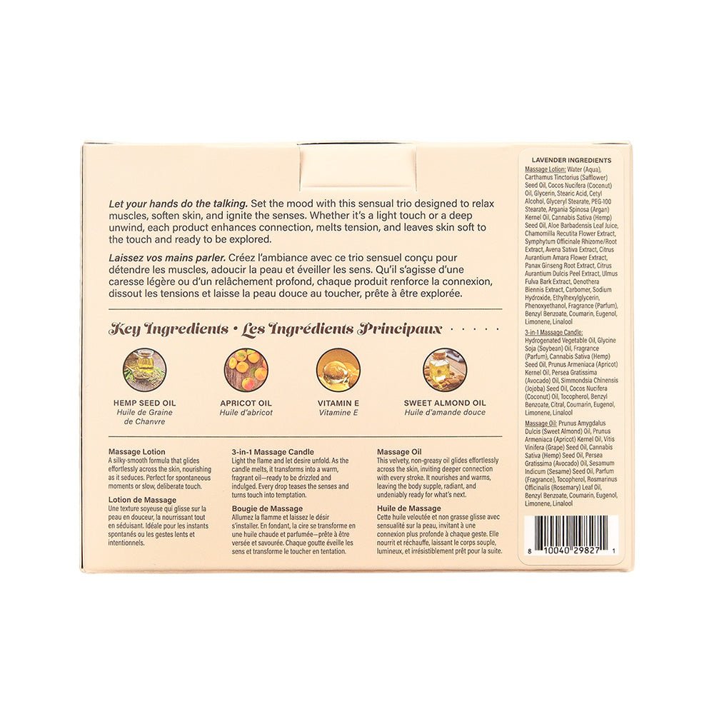 Hemp Seed Tranquility Trio - Lavender - Lavender Scented Massage & Caress Kit - 3 Piece Kit - silkandsin
