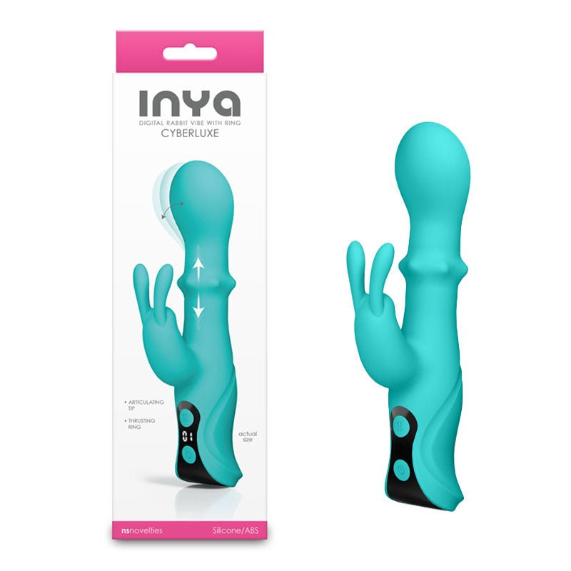 INYA Cyberluxe - Aqua - Aqua 18 cm USB Rechargeable Rabbit Vibrator with Sliding Ring Shaft - Silk and Sin