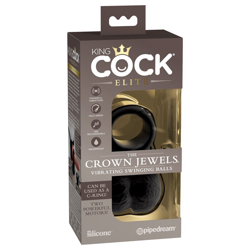 King Cock Elite The Crown Jewels Vibrating Silicone Balls - Black USB Rechargeable Vibrating Cock Ring - silkandsin