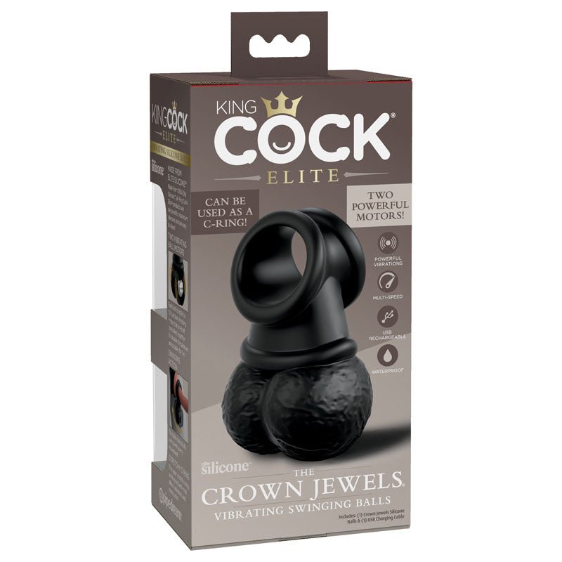 King Cock Elite The Crown Jewels Vibrating Silicone Balls - Black USB Rechargeable Vibrating Cock Ring - silkandsin