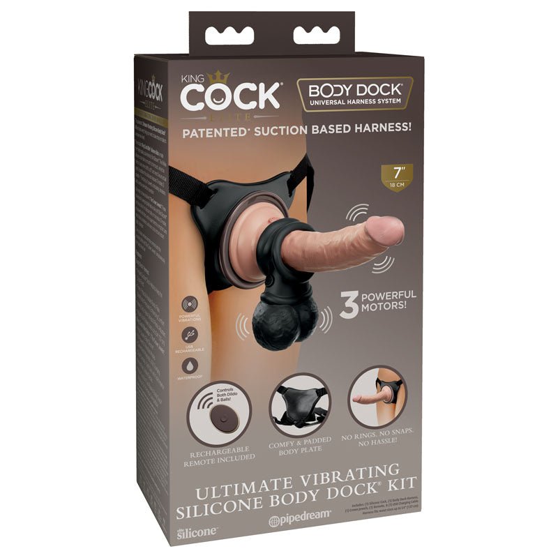 King Cock Elite Ultimate Vibrating Silicone Body Dock Kit - Body Dock Strap - On Harness with 17.8 cm Vibrating Dong & Vibrating Balls - silkandsin