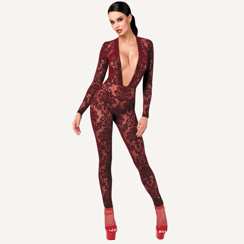Kink Royal V Neck Catsuit Red - Silk and Sin