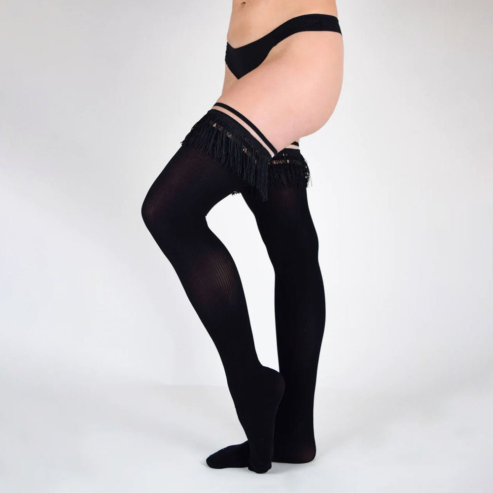 Kixies KEILA Fringe Sheer Thigh Highs - Black - Size A - Silk and Sin
