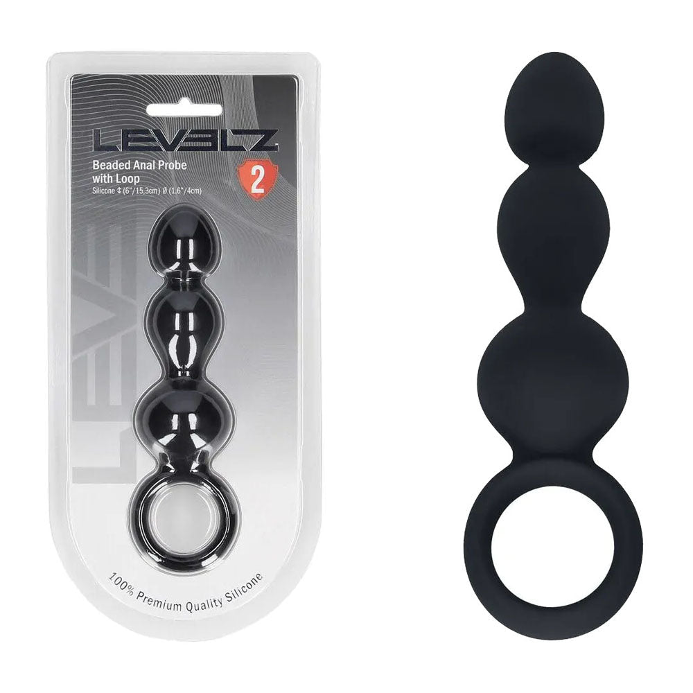 LEVELZ Beaded Silicone Anal Probe with Loop - Black 15.3 cm Beaded Anal Plug - Silk and Sin