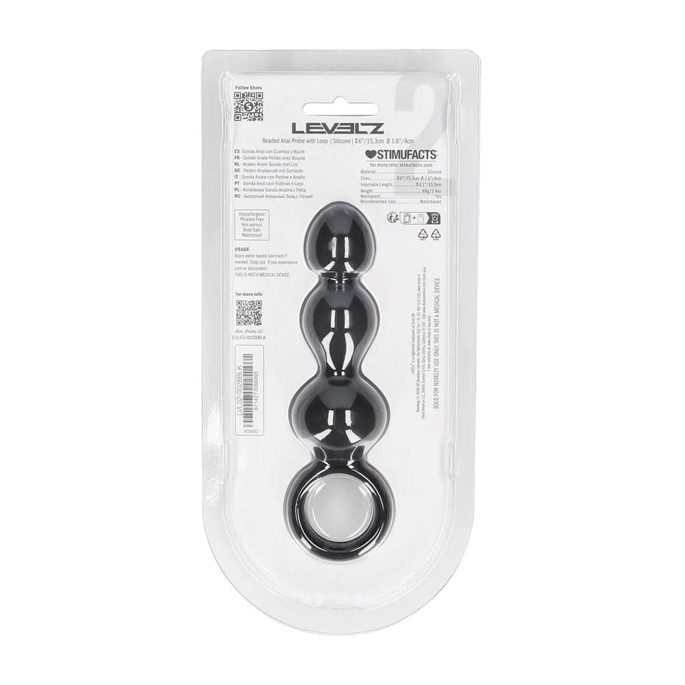 LEVELZ Beaded Silicone Anal Probe with Loop - Black 15.3 cm Beaded Anal Plug - Silk and Sin