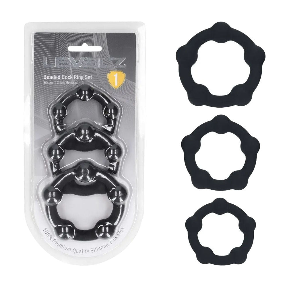 LEVELZ Beaded Silicone Cock Ring Set of 3 - Black - Black Cock Rings - Set of 3 Sizes - Silk and Sin