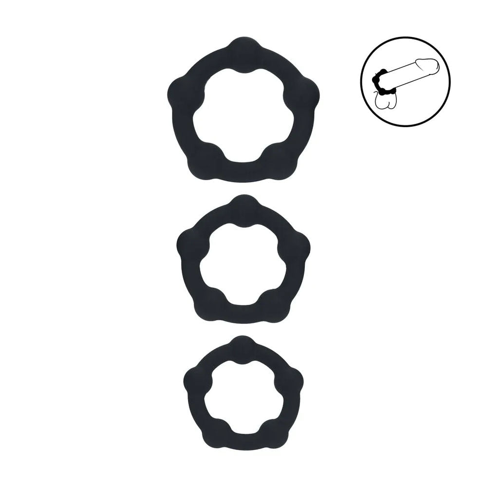 LEVELZ Beaded Silicone Cock Ring Set of 3 - Black - Black Cock Rings - Set of 3 Sizes - Silk and Sin