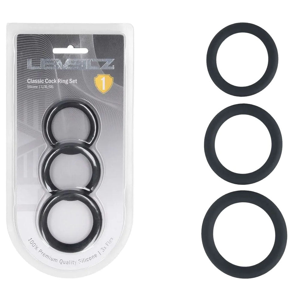LEVELZ Classic Silicone Cock Ring Set - L/XL/XXL - Black Cock Rings - Set of 3 Sizes - Silk and Sin
