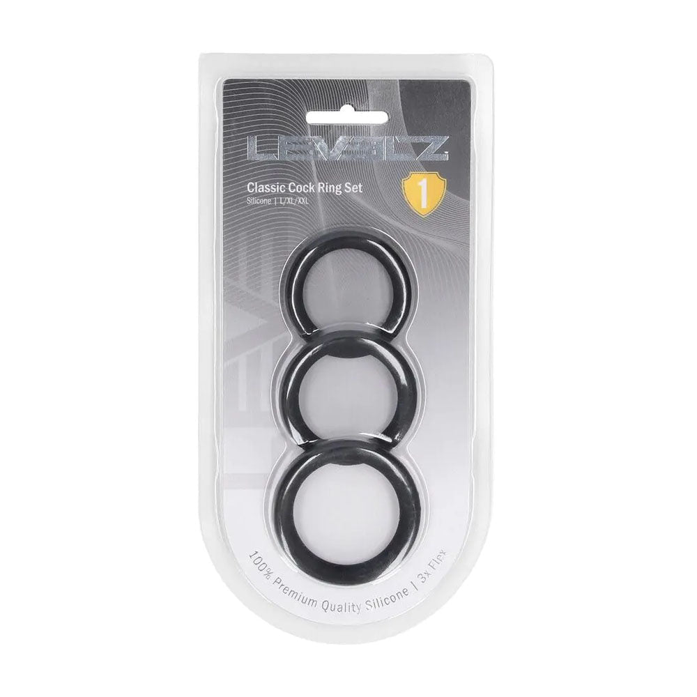 LEVELZ Classic Silicone Cock Ring Set - L/XL/XXL - Black Cock Rings - Set of 3 Sizes - Silk and Sin