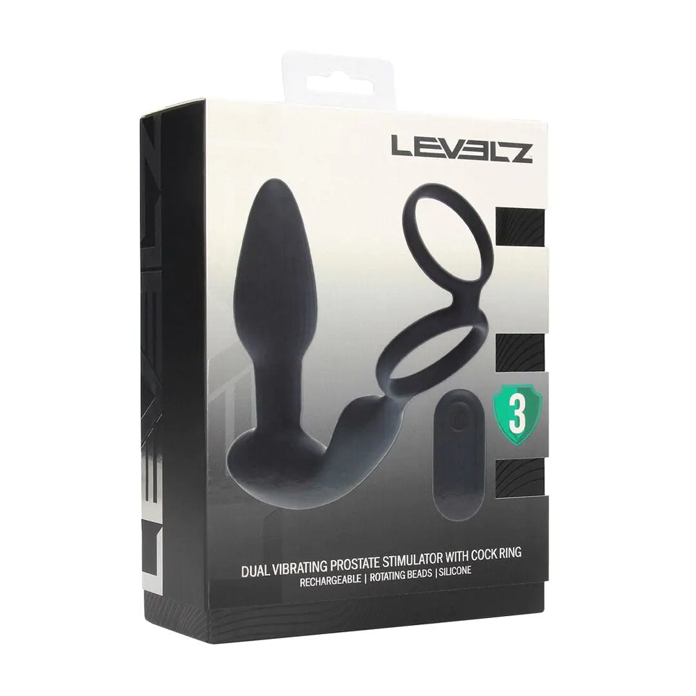 LEVELZ Dual Vibrating Prostate Stimulator with Cock Ring - Black USB Rechargeable Vibrating Butt Plug with Cock Ring - Silk and Sin