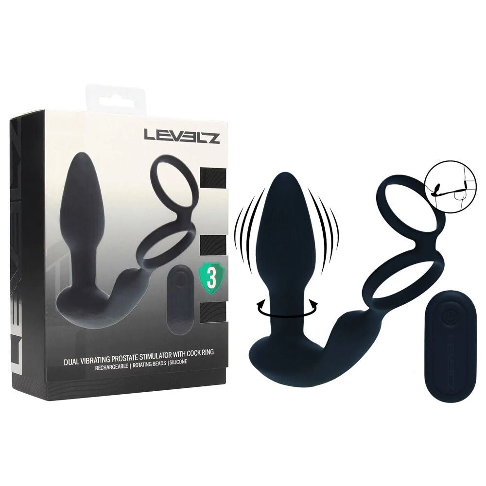 LEVELZ Dual Vibrating Prostate Stimulator with Cock Ring - Black USB Rechargeable Vibrating Butt Plug with Cock Ring - Silk and Sin