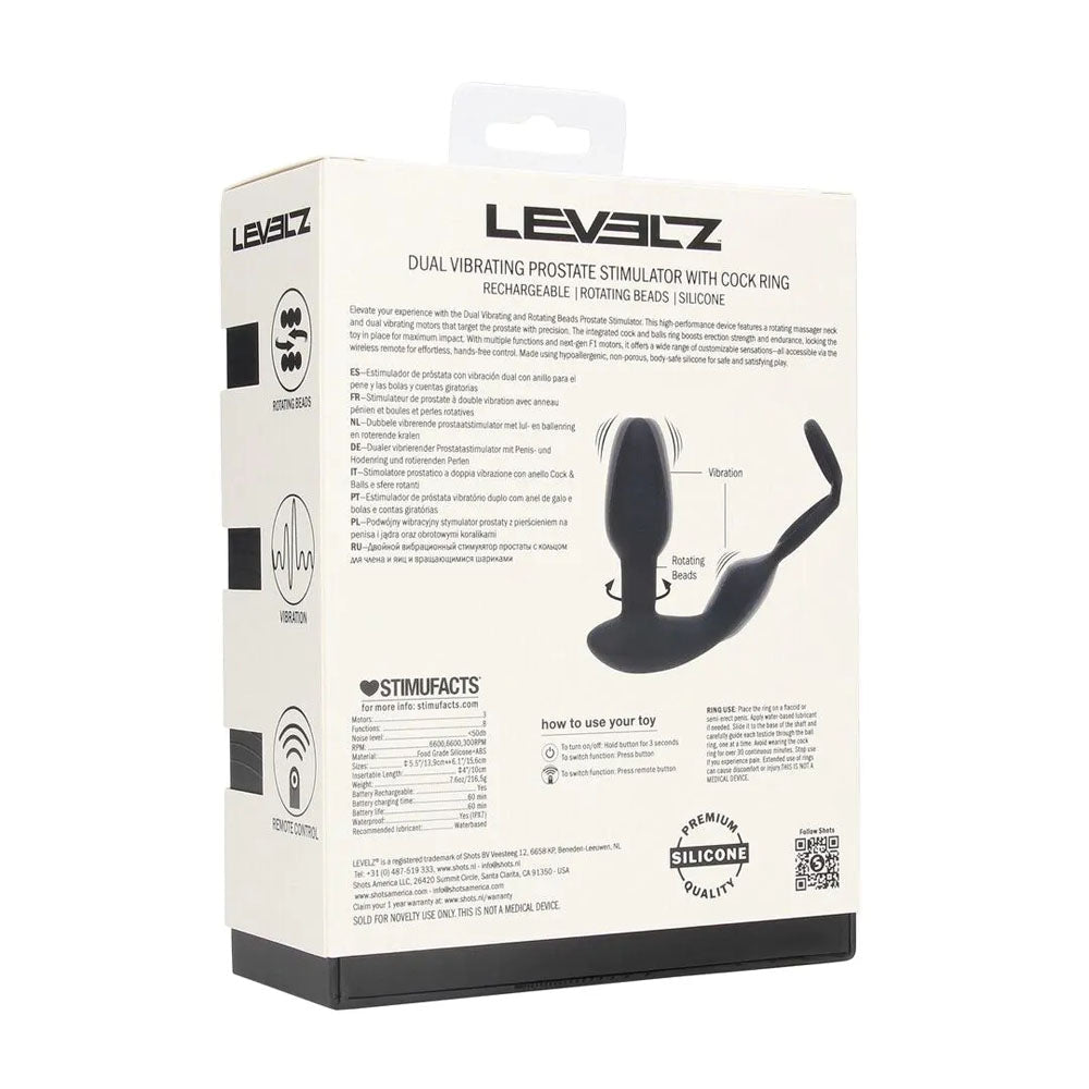 LEVELZ Dual Vibrating Prostate Stimulator with Cock Ring - Black USB Rechargeable Vibrating Butt Plug with Cock Ring - Silk and Sin