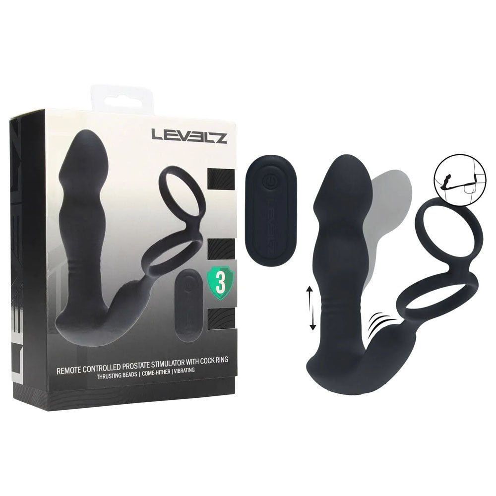 LEVELZ Remote Controlled Prostate Stimulator with Cock Ring - Black USB Rechargeable Vibrating Thrusting Prostate Massager with Cock Ring - Silk and Sin