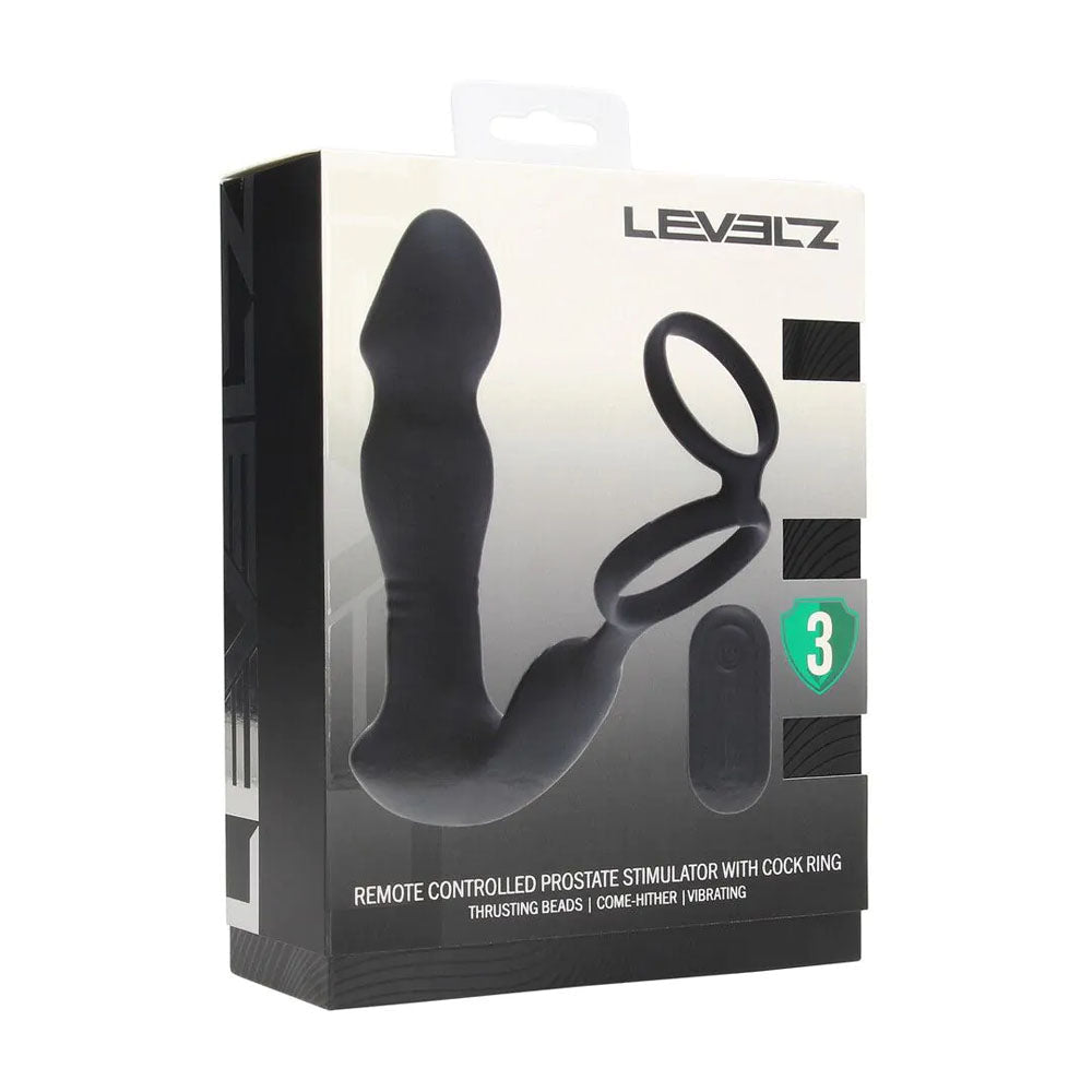 LEVELZ Remote Controlled Prostate Stimulator with Cock Ring - Black USB Rechargeable Vibrating Thrusting Prostate Massager with Cock Ring - Silk and Sin