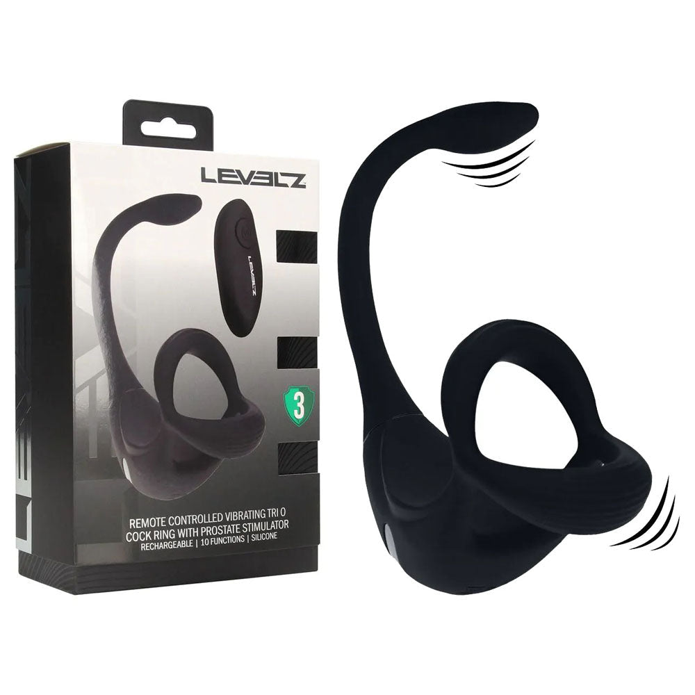 LEVELZ Remote Controlled Vibrating TriO Cock Ring with Prostate Stimulator - Black USB Rechargeable Vibrating Cock Ring with Anal Plug - Silk and Sin