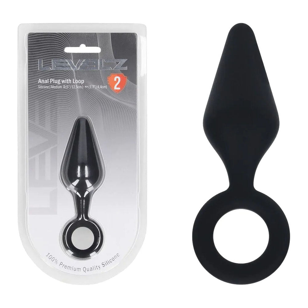 LEVELZ Silicone Anal Plug with Loop - Medium - Black - Black Medium Butt Plug - Silk and Sin