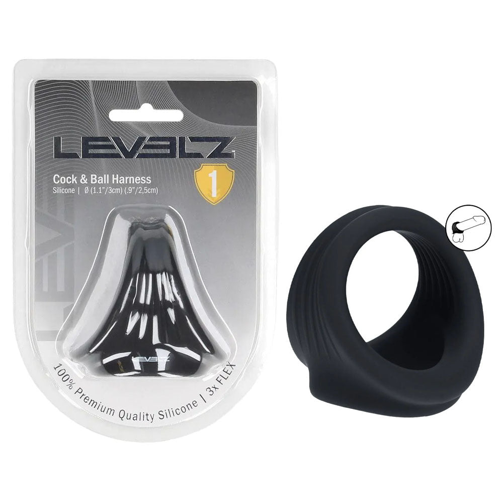 LEVELZ Silicone Cock & Ball Harness - Black - Black Cock & Ball Ring - Silk and Sin