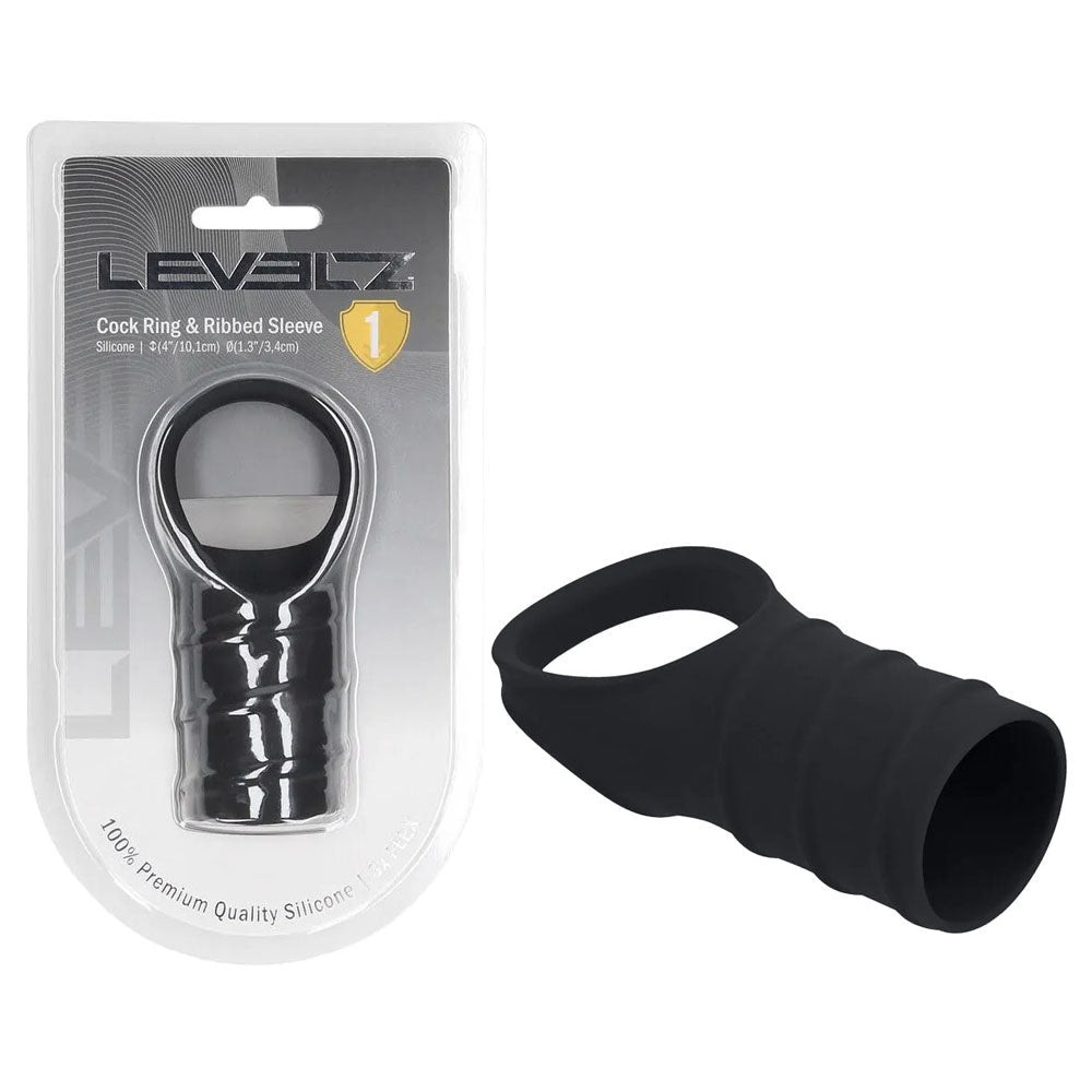 LEVELZ Silicone Cock Ring & Ribbed Sleeve - Black Cock Ring with Sleeve - Silk and Sin