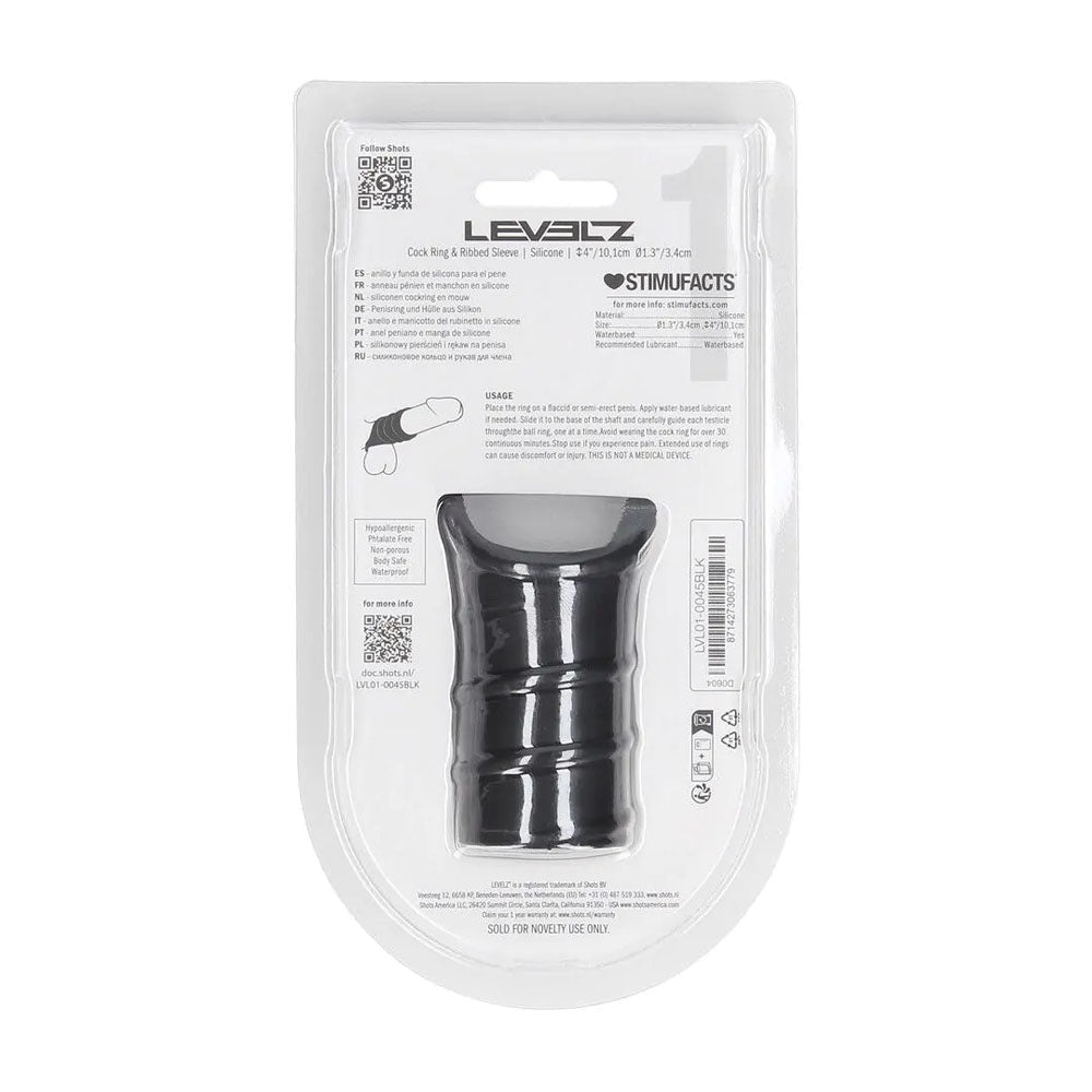 LEVELZ Silicone Cock Ring & Ribbed Sleeve - Black Cock Ring with Sleeve - Silk and Sin