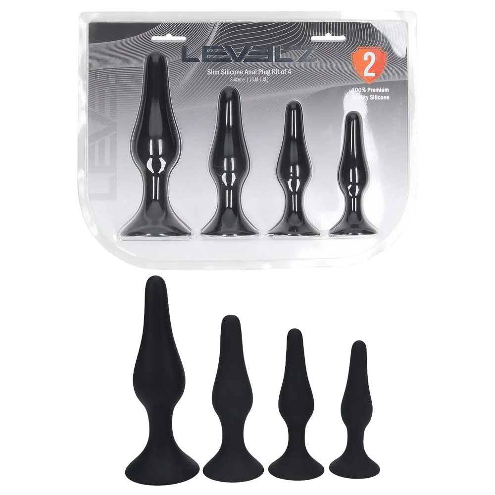 LEVELZ Slim Silicone Anal Plug Kit of 4 - Black Butt Plugs - Set of 4 Sizes - Silk and Sin