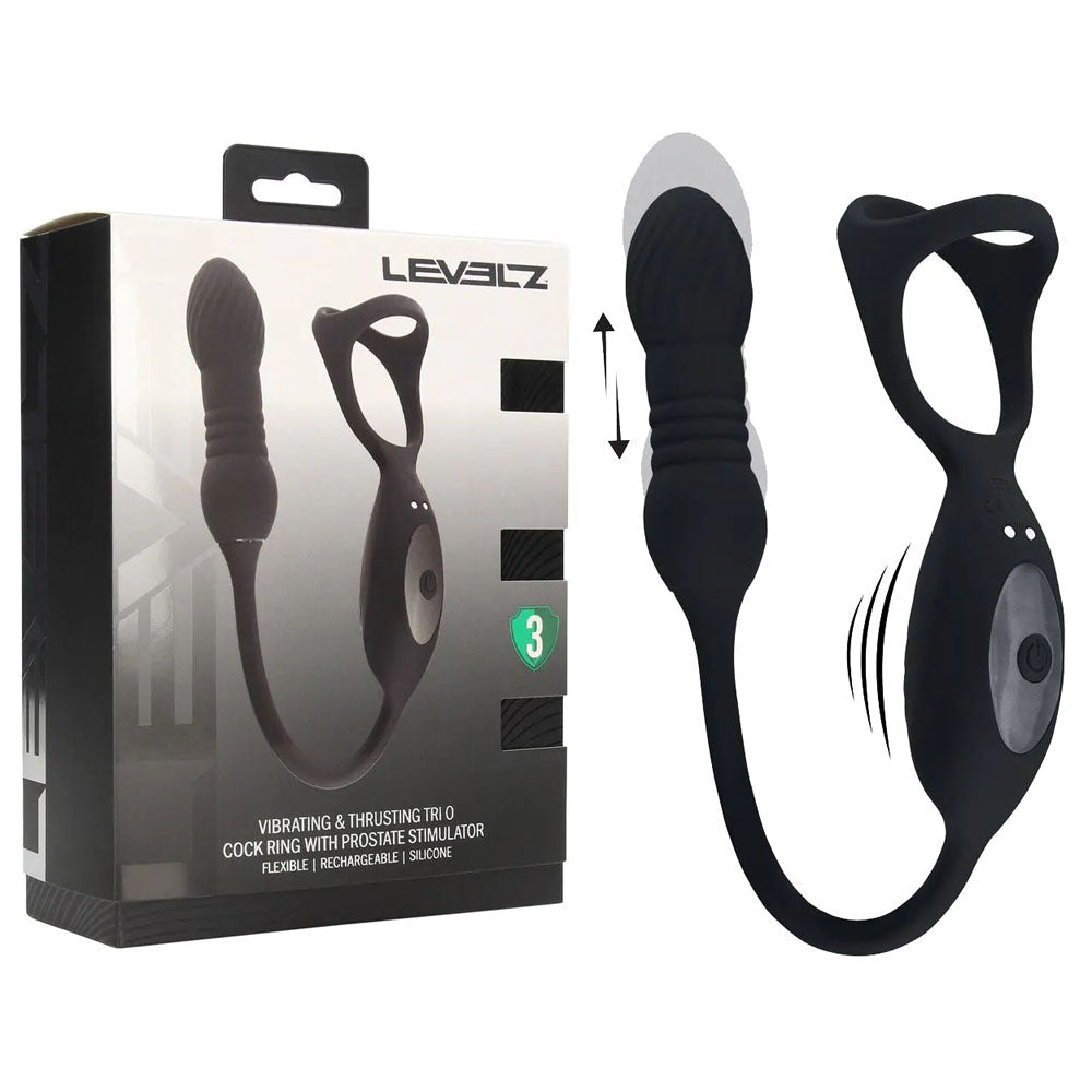 LEVELZ Vibrating & Thrusting TriO Cock Ring with Prostate Stimulator - Black USB Rechargeable Vibrating Cock Ring with Thrusting Prostate Plug - Silk and Sin