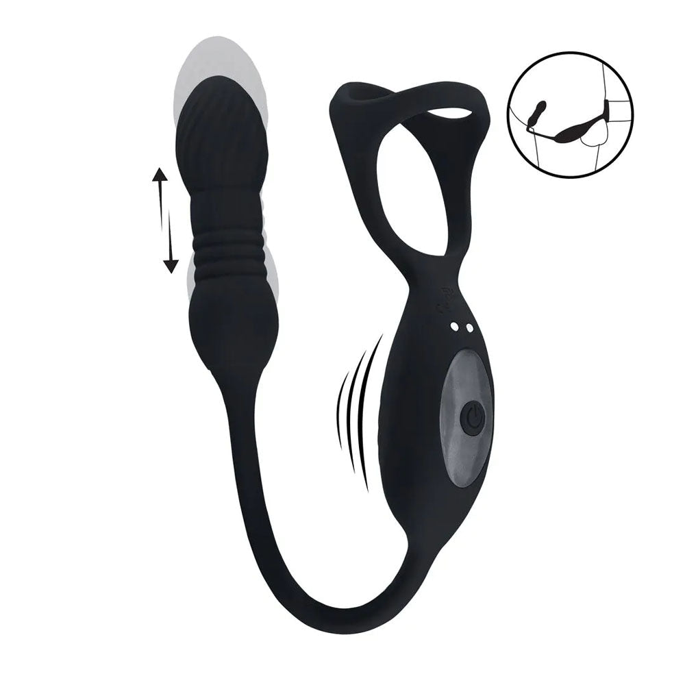 LEVELZ Vibrating & Thrusting TriO Cock Ring with Prostate Stimulator - Black USB Rechargeable Vibrating Cock Ring with Thrusting Prostate Plug - Silk and Sin