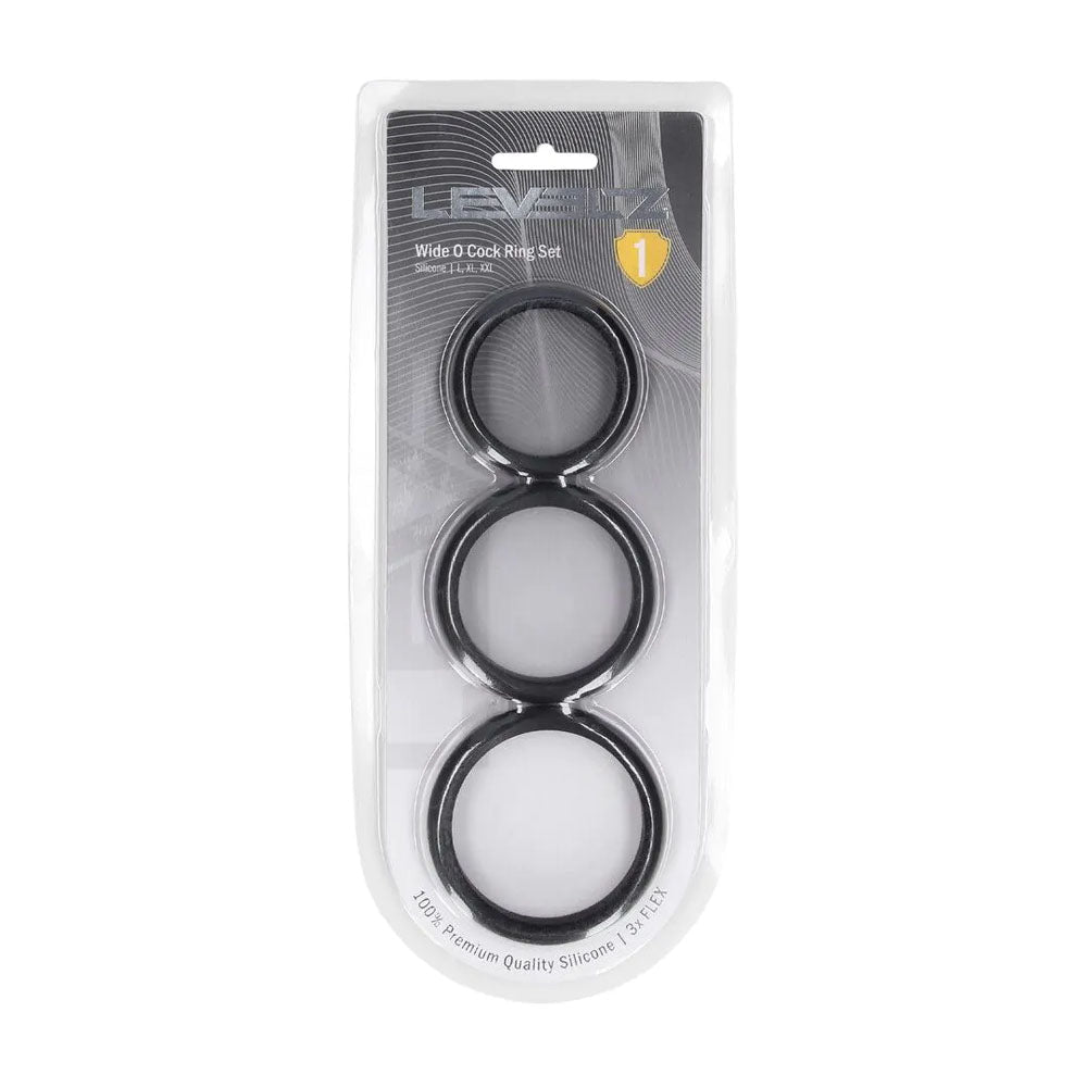LEVELZ Wide O Silicone Cock Ring Set of 3 - L/XL/2X - Black Cock Rings - Set of 3 Sizes - Silk and Sin