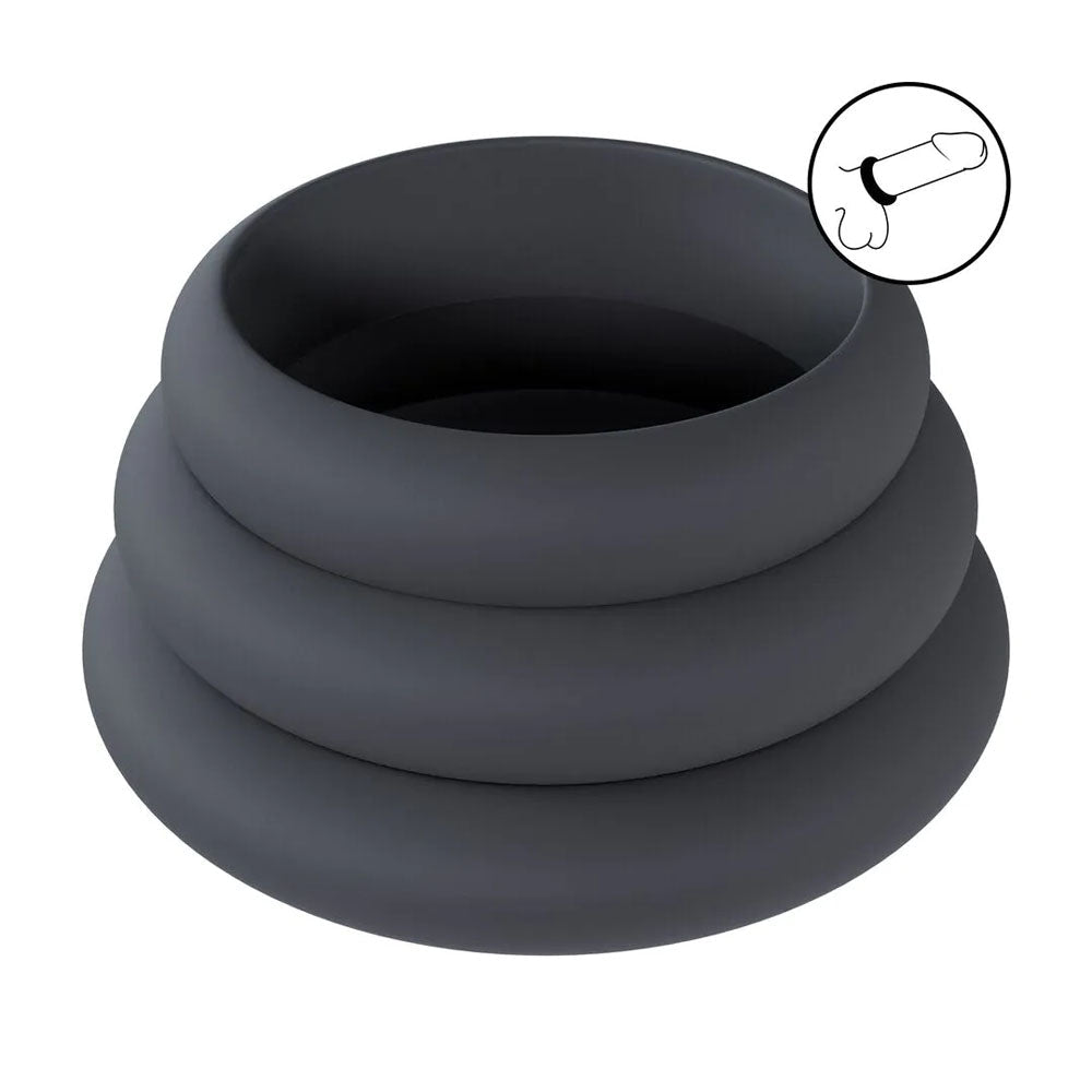 LEVELZ Wide O Silicone Cock Ring Set of 3 - L/XL/2X - Black Cock Rings - Set of 3 Sizes - Silk and Sin