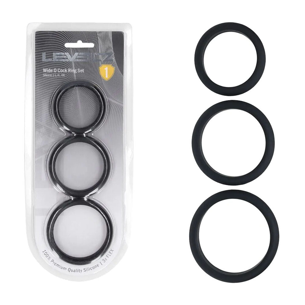 LEVELZ Wide O Silicone Cock Ring Set of 3 - L/XL/2X - Black Cock Rings - Set of 3 Sizes - Silk and Sin