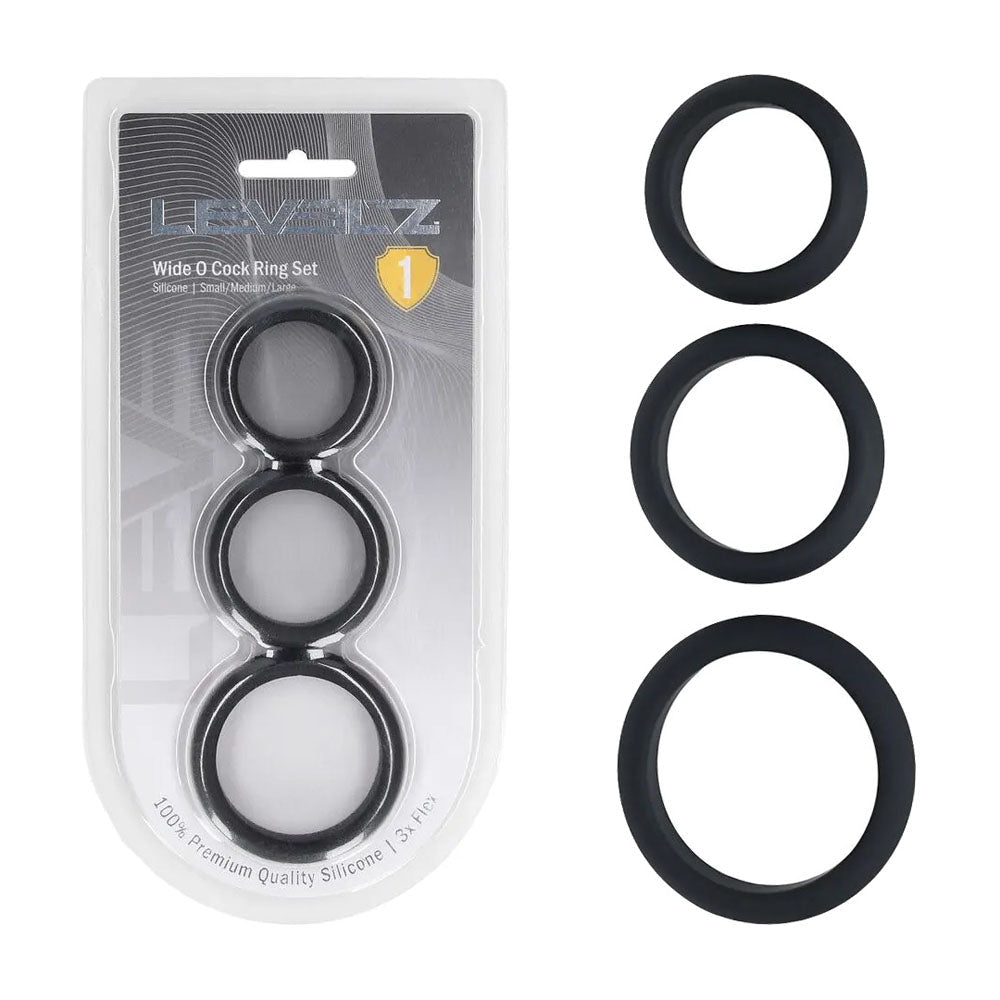 LEVELZ Wide O Silicone Cock Ring Set of 3 - S/M/L - Black Cock Rings - Set of 3 Sizes - Silk and Sin