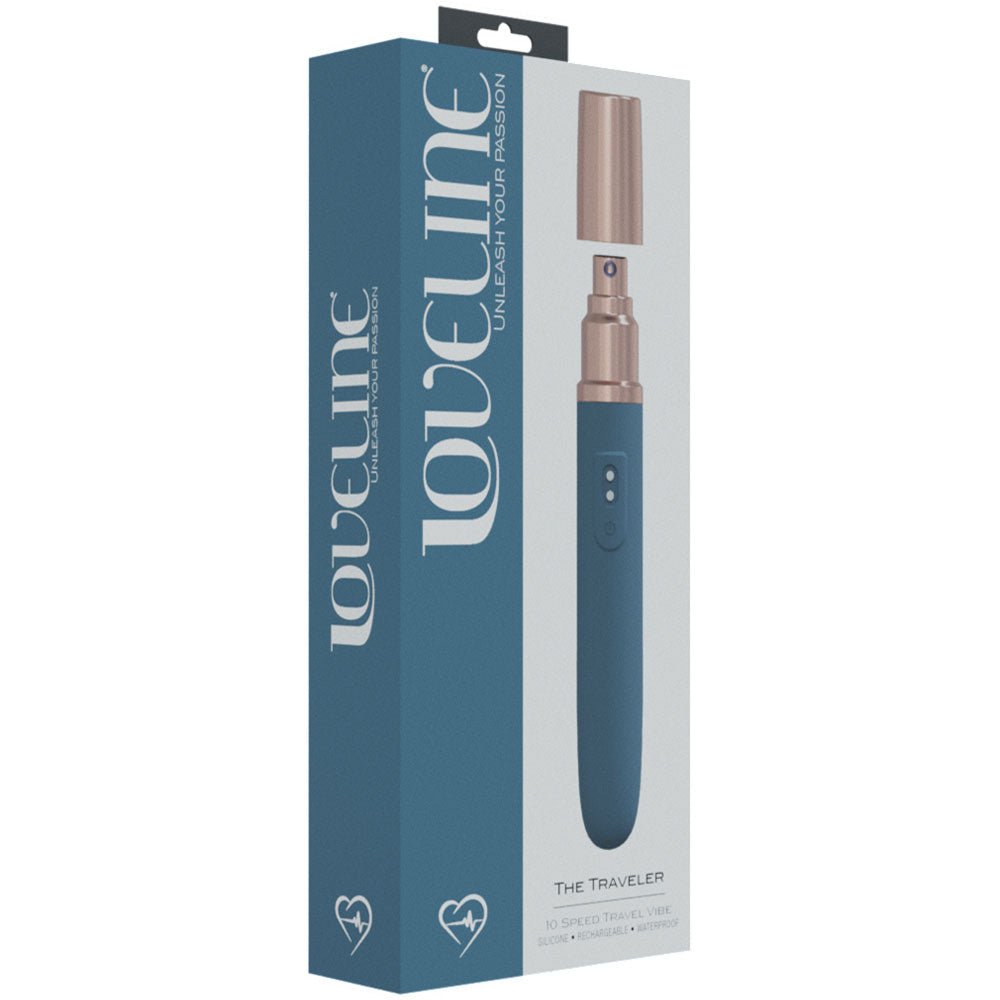 LOVELINE The Traveler - Blue - Blue 17.6 cm USB Rechargeable Vibrator with Lube Applicator - Silk and Sin