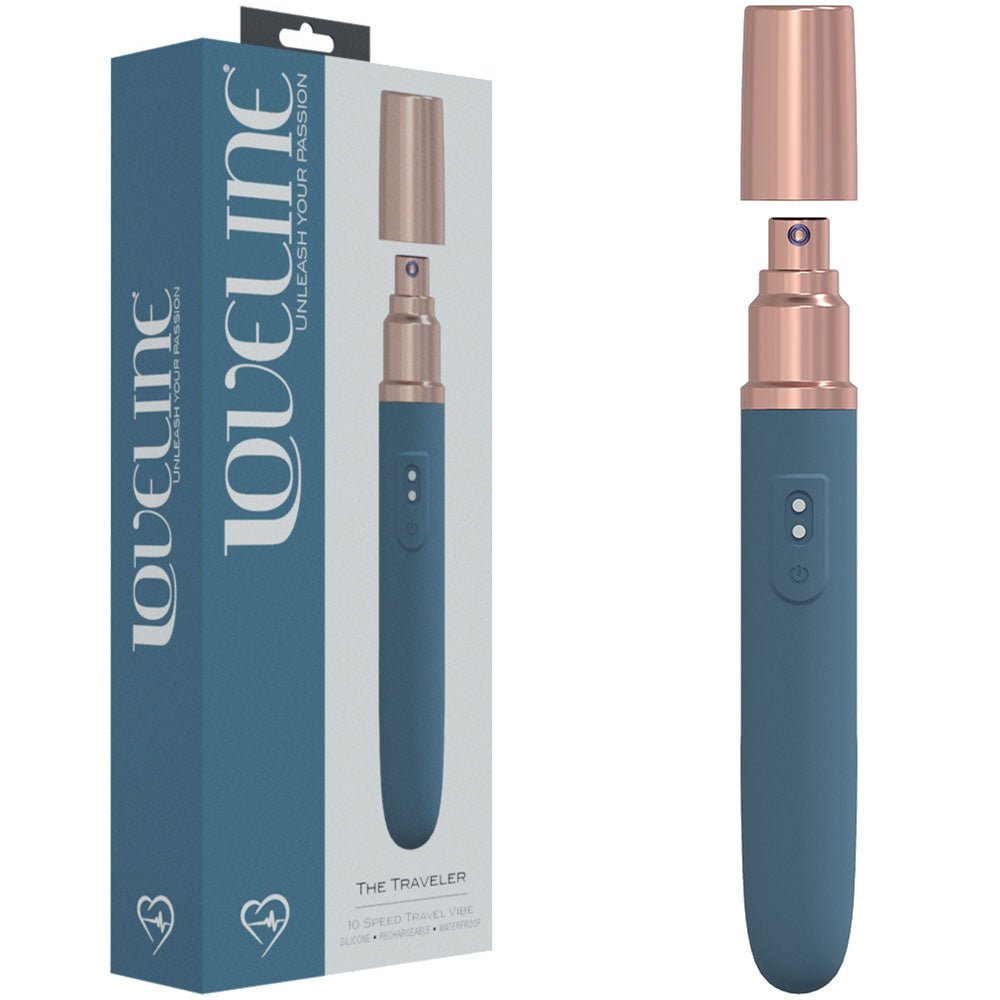 LOVELINE The Traveler - Blue - Blue 17.6 cm USB Rechargeable Vibrator with Lube Applicator - Silk and Sin