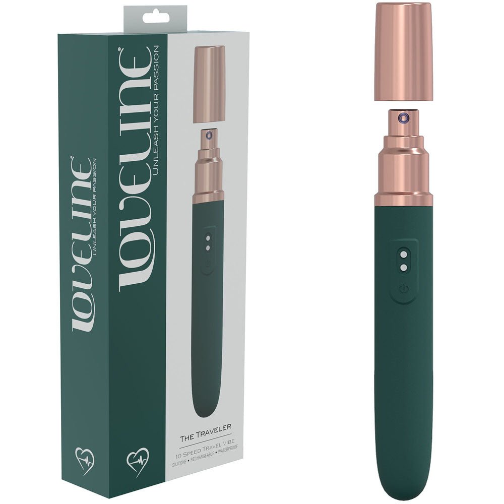 LOVELINE The Traveler - Green - Green 17.6 cm USB Rechargeable Vibrator with Lube Applicator - Silk and Sin