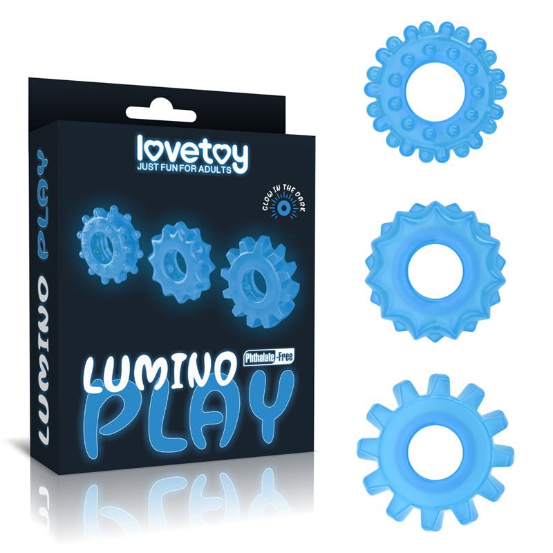 Lumino Play Penis Rings 3 Pack - Glow in the Dark Blue Cock Rings - Set of 3 - Silk and Sin