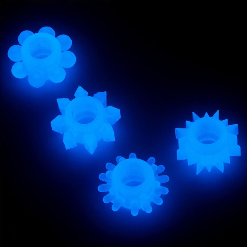 Lumino Play Penis Rings 4 Pack - Glow in the Dark Blue Cock Rings - Set of 4 - Silk and Sin