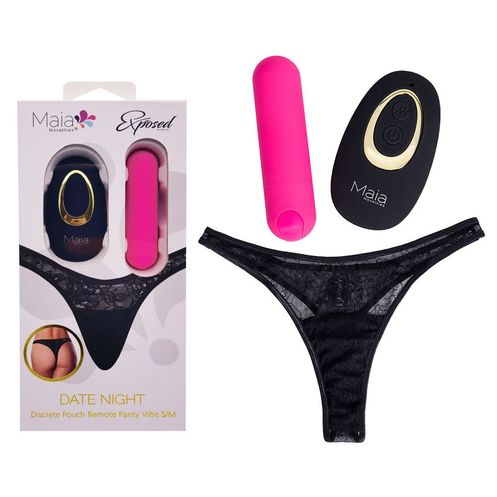Maia DATE NIGHT PANTY VIBE - S/M - Black S/M Panty with Pink USB Rechargeable Bullet & Remote - silkandsin