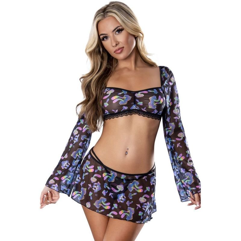 Mushroom Crop Top Skirt and G-String Set - Silk and Sin