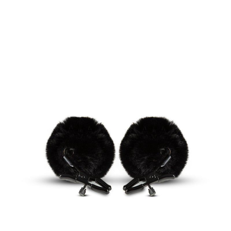 Noir Pom Adjustable Nipple Clamps - Black Furry Nipple Clamps - Silk and Sin