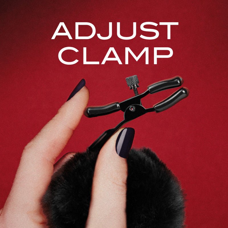 Noir Pom Adjustable Nipple Clamps - Black Furry Nipple Clamps - Silk and Sin