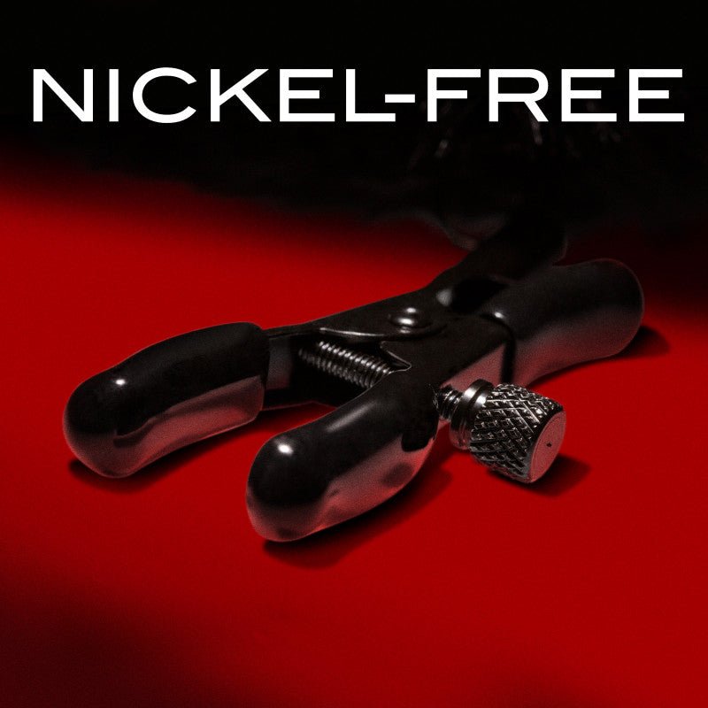 Noir Pom Adjustable Nipple Clamps - Black Furry Nipple Clamps - Silk and Sin