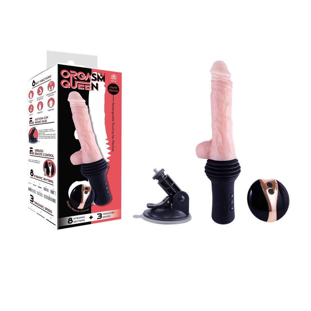 Orgasm Queen Thrusting Dildo - Flesh USB Rechargeable Vibrating, Heating & Thrusting Dildo Machine with Remote Control - Silk and Sin