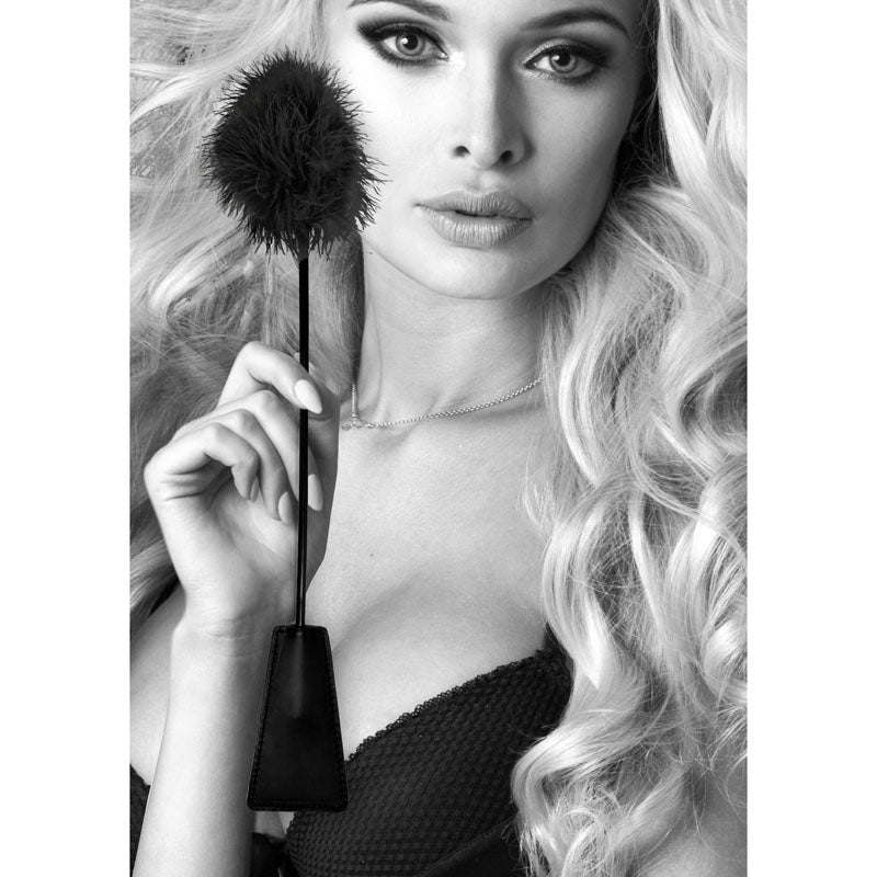 OUCH! Black & White Crop with Feather Tickler - Black 44 cm Feather Crop - silkandsin